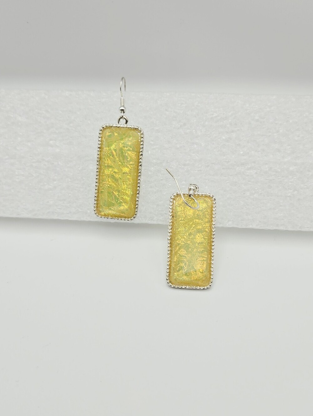 Yellow Iridescent Rectangle Drop Earrings With 925 Stering Hooks - Picture 9 of 14